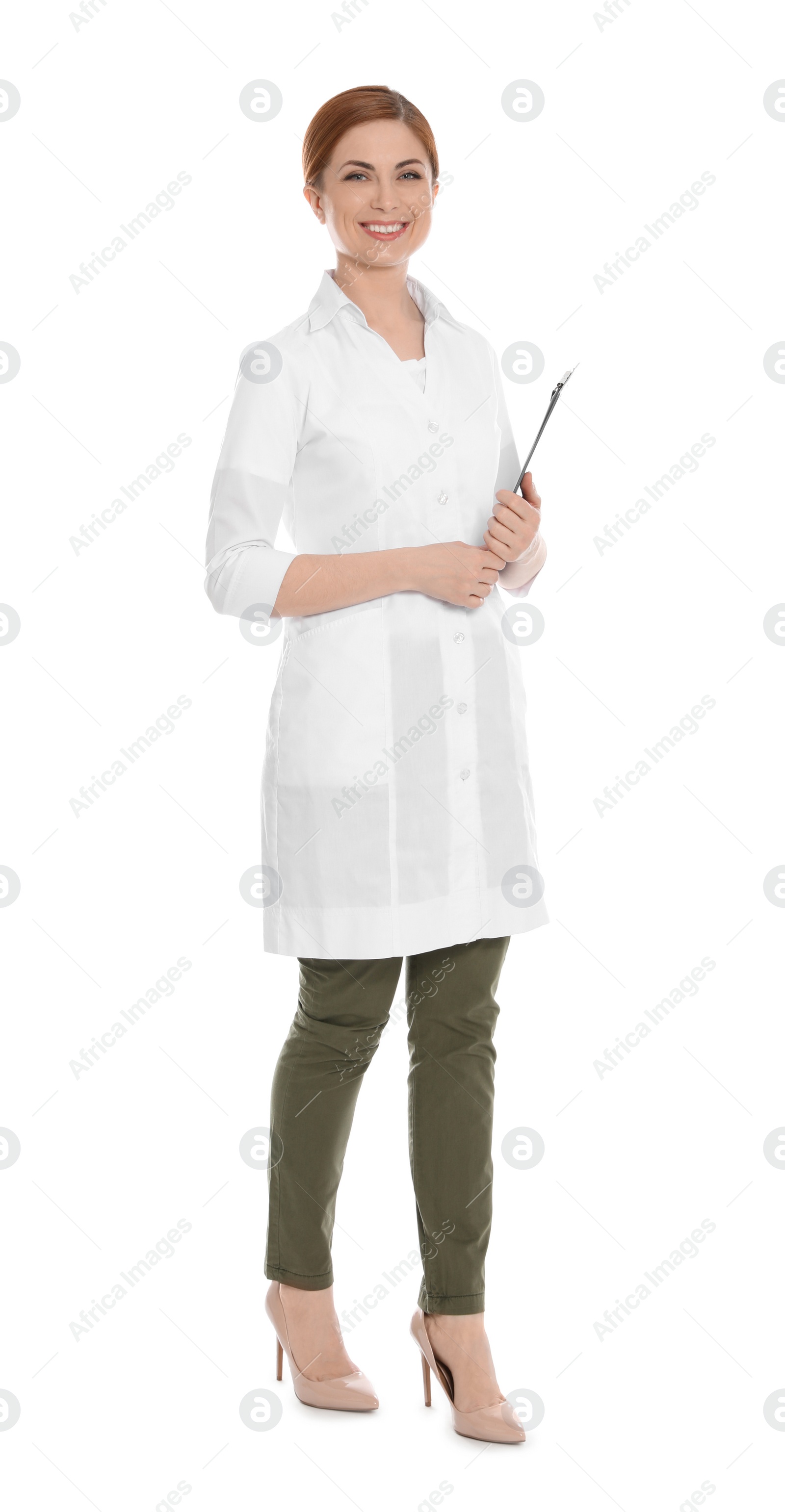 Photo of Full length portrait of medical doctor with clipboard isolated on white