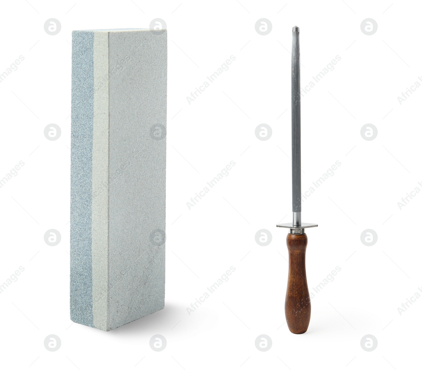 Image of Different sharpeners for knife on white background, collage