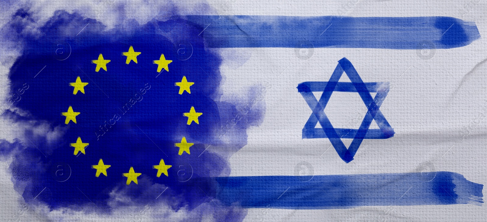 Image of International relations. Flags of Israel and European Union on textured surface, banner design