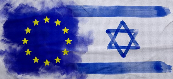 Image of International relations. Flags of Israel and European Union on textured surface, banner design