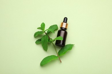 Photo of Bottle of essential oil and mint on light green background, flat lay