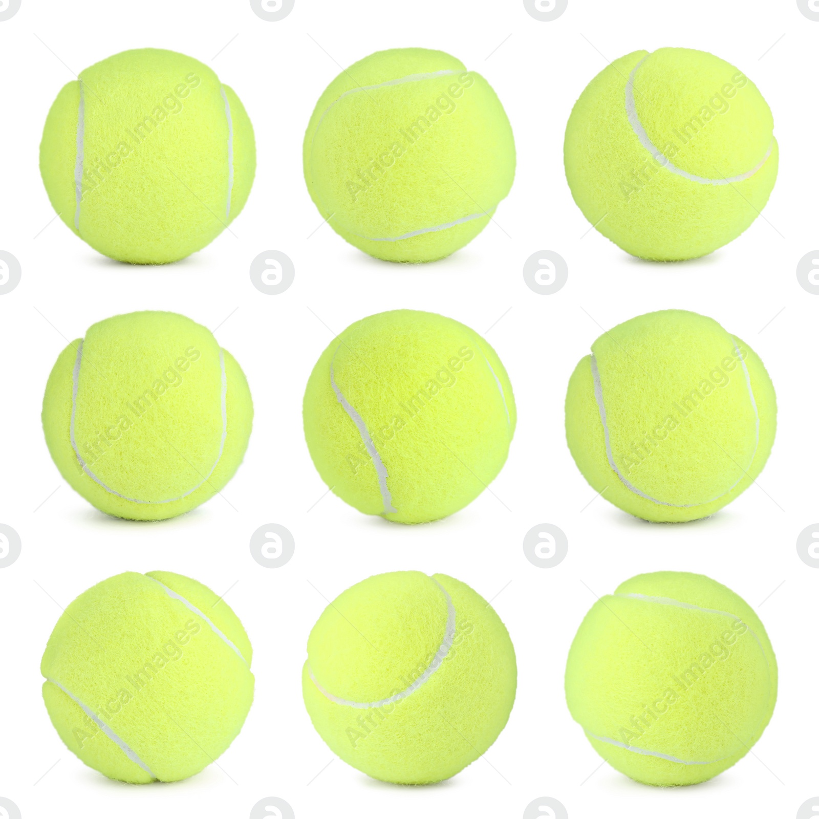 Image of Set with bright tennis balls on white background 