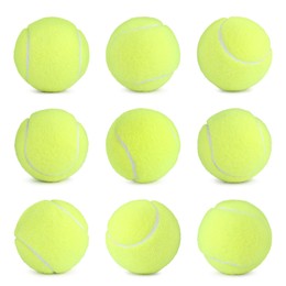 Set with bright tennis balls on white background 