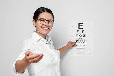 Ophthalmologist pointing at vision test chart on white wall