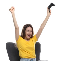 Photo of Happy woman with game controller sitting in armchair on white background