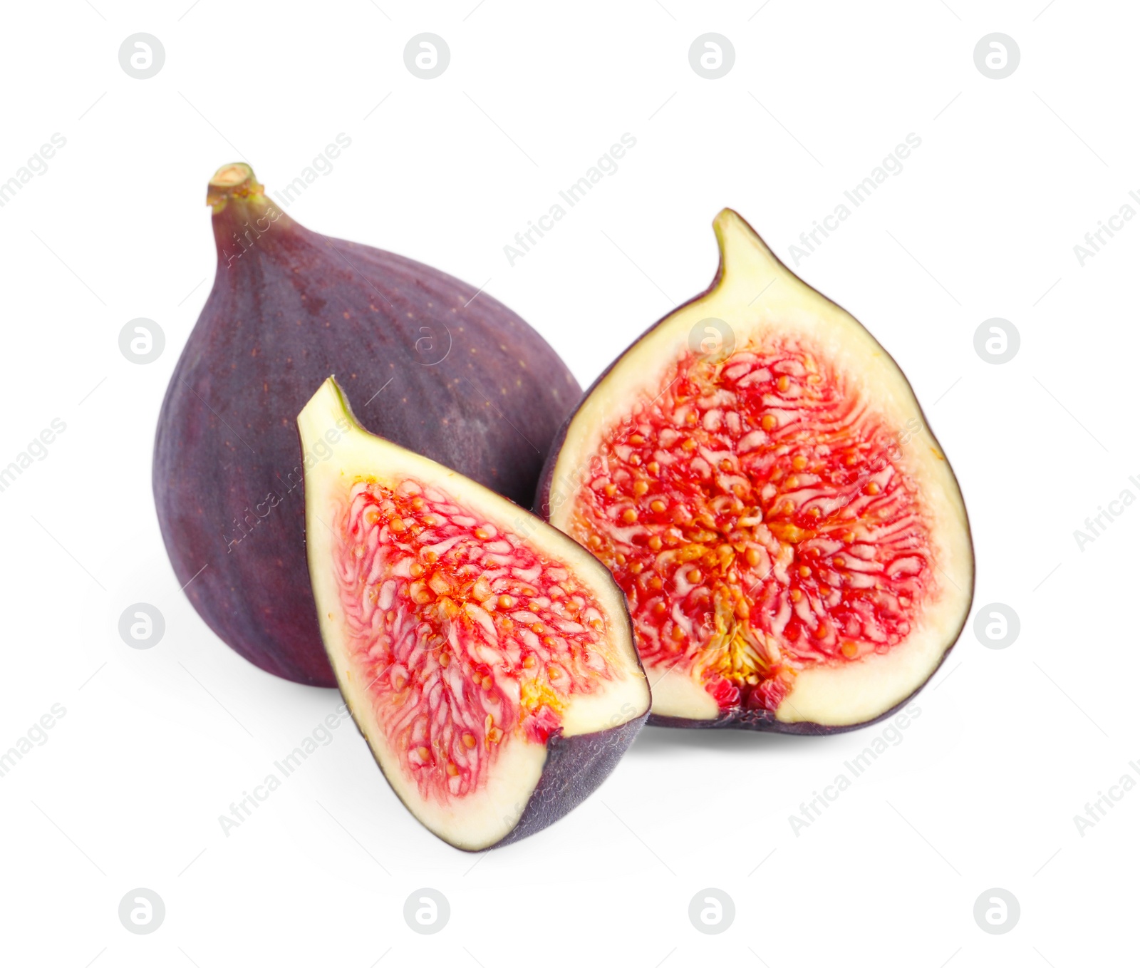 Photo of Cut and whole ripe figs isolated on white