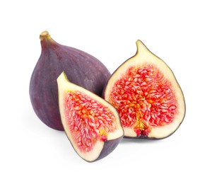 Photo of Cut and whole ripe figs isolated on white