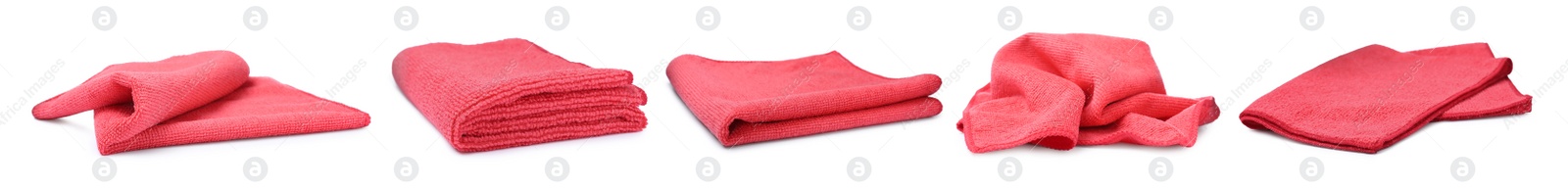 Image of Set with red microfiber cloths on white background. Banner design