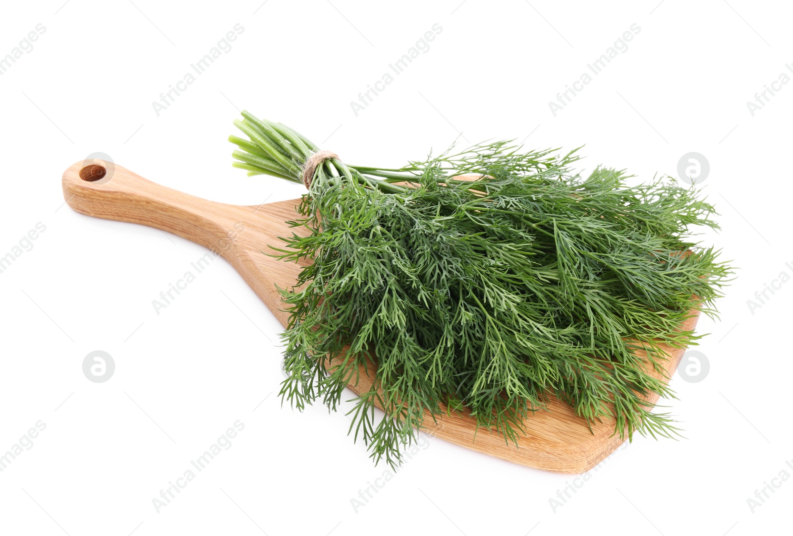 Photo of Board with fresh green dill isolated on white