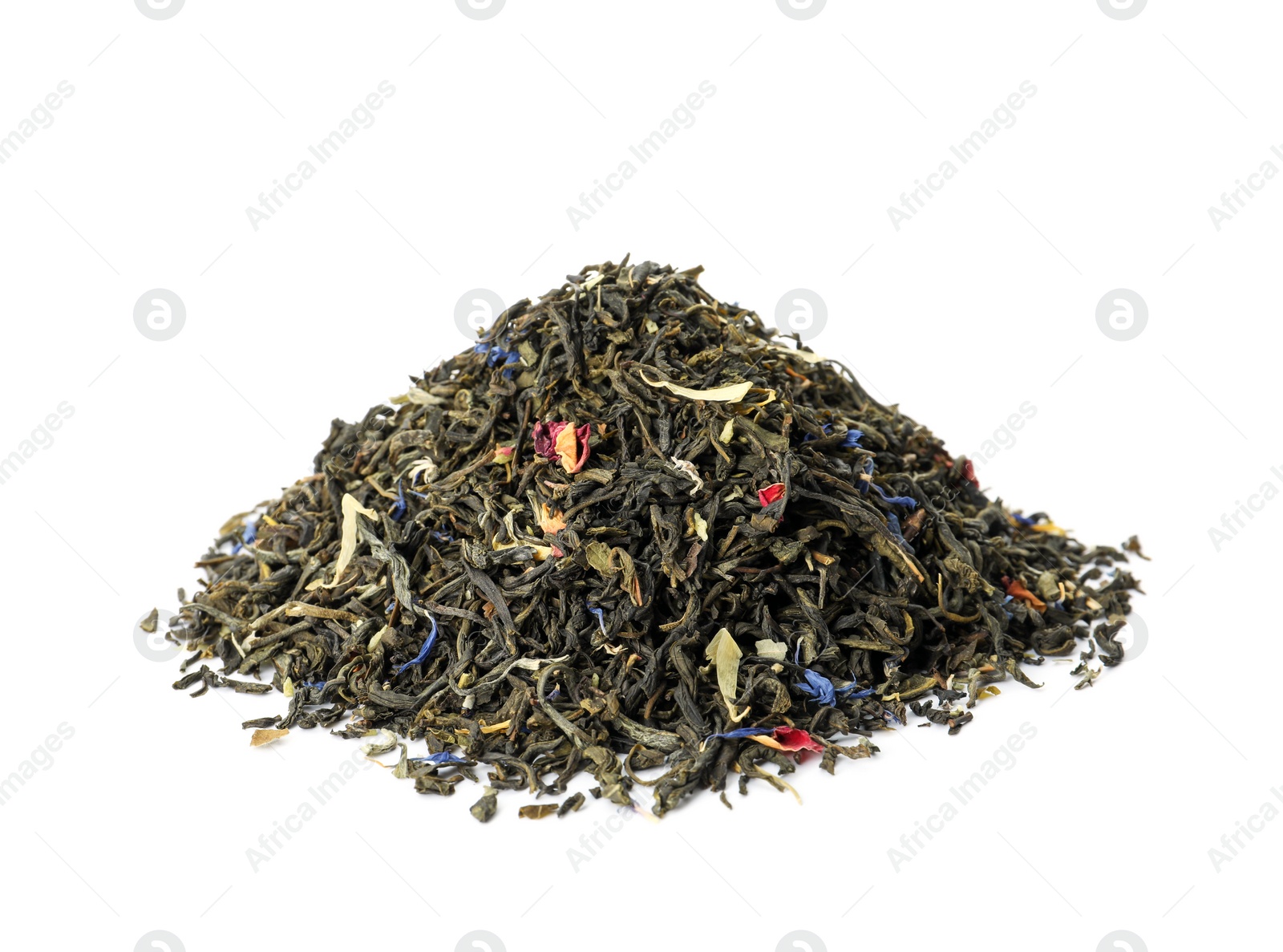 Photo of Pile of aromatic herbal tea isolated on white