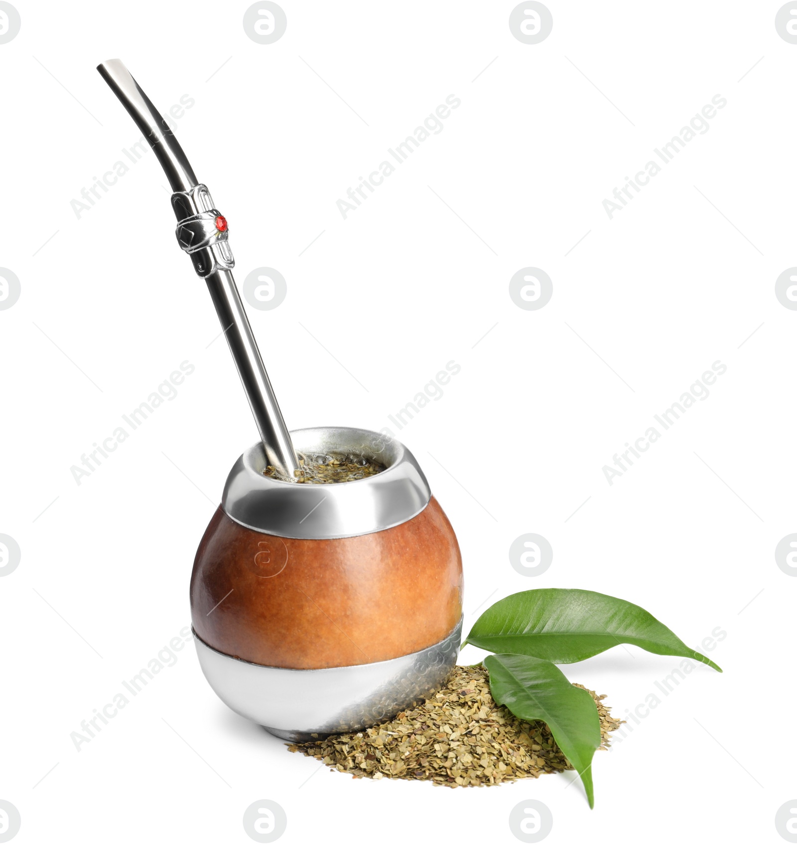 Photo of Calabash with mate tea and bombilla on white background