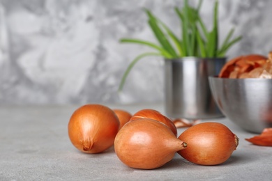 Fresh ripe onions on table against grey background