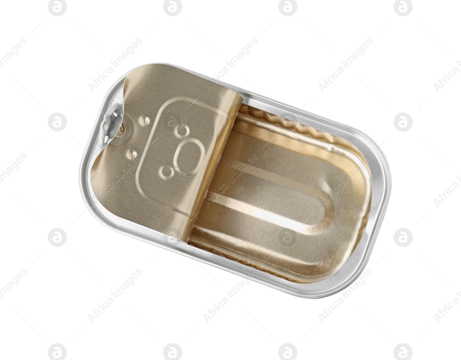 Photo of One open tin can isolated on white, top view