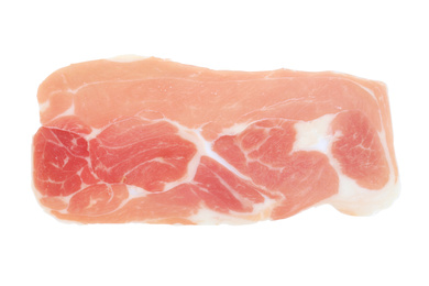 Photo of Tasty prosciutto on white background, top view