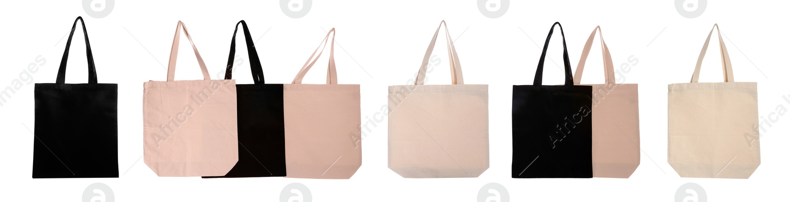 Image of Set of eco bags on white background. Banner design