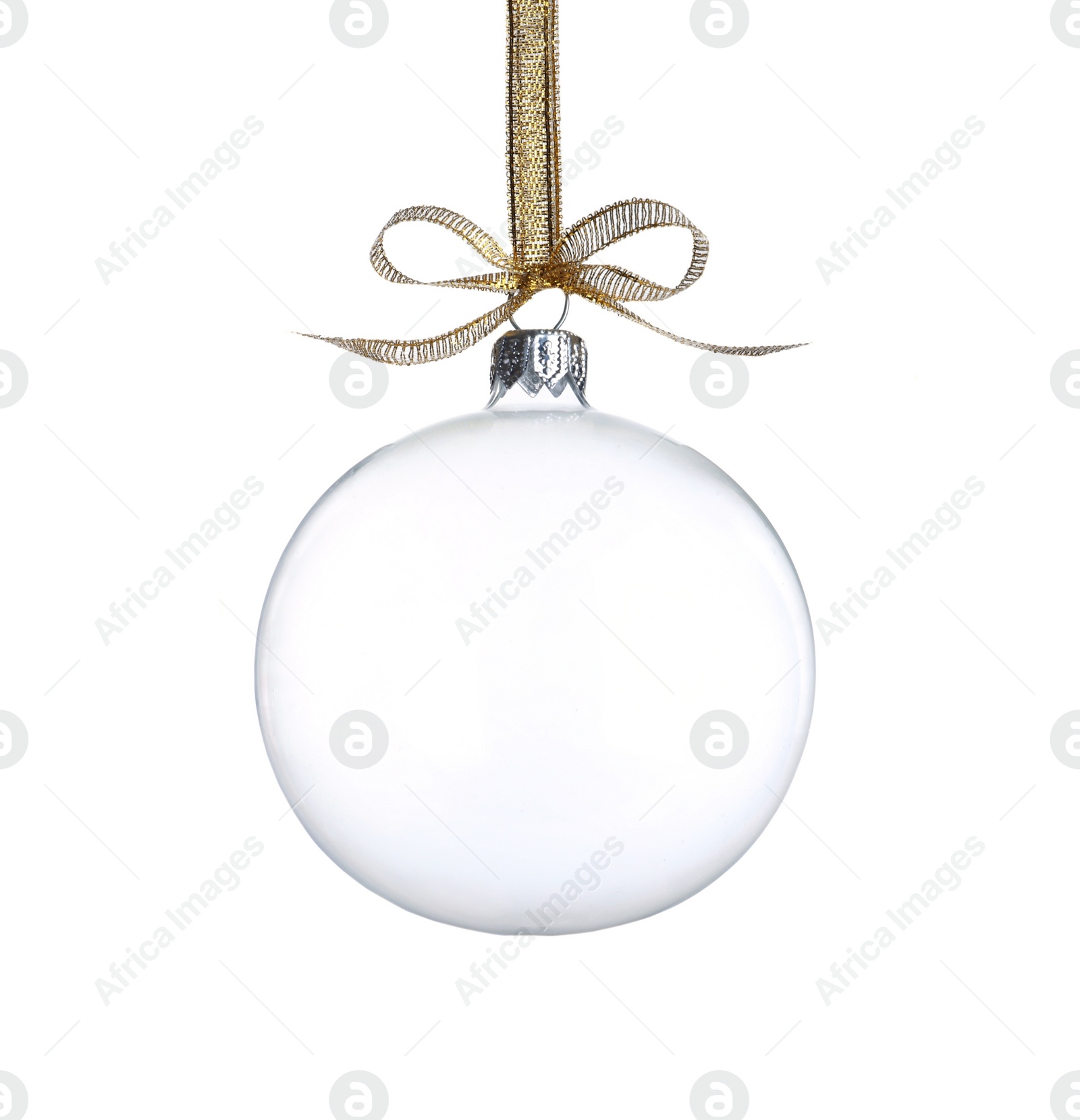 Photo of Transparent glass Christmas ball with golden ribbon and bow isolated on white