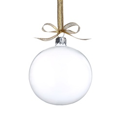 Photo of Transparent glass Christmas ball with golden ribbon and bow isolated on white