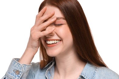 Photo of Portrait of beautiful woman laughing on white background