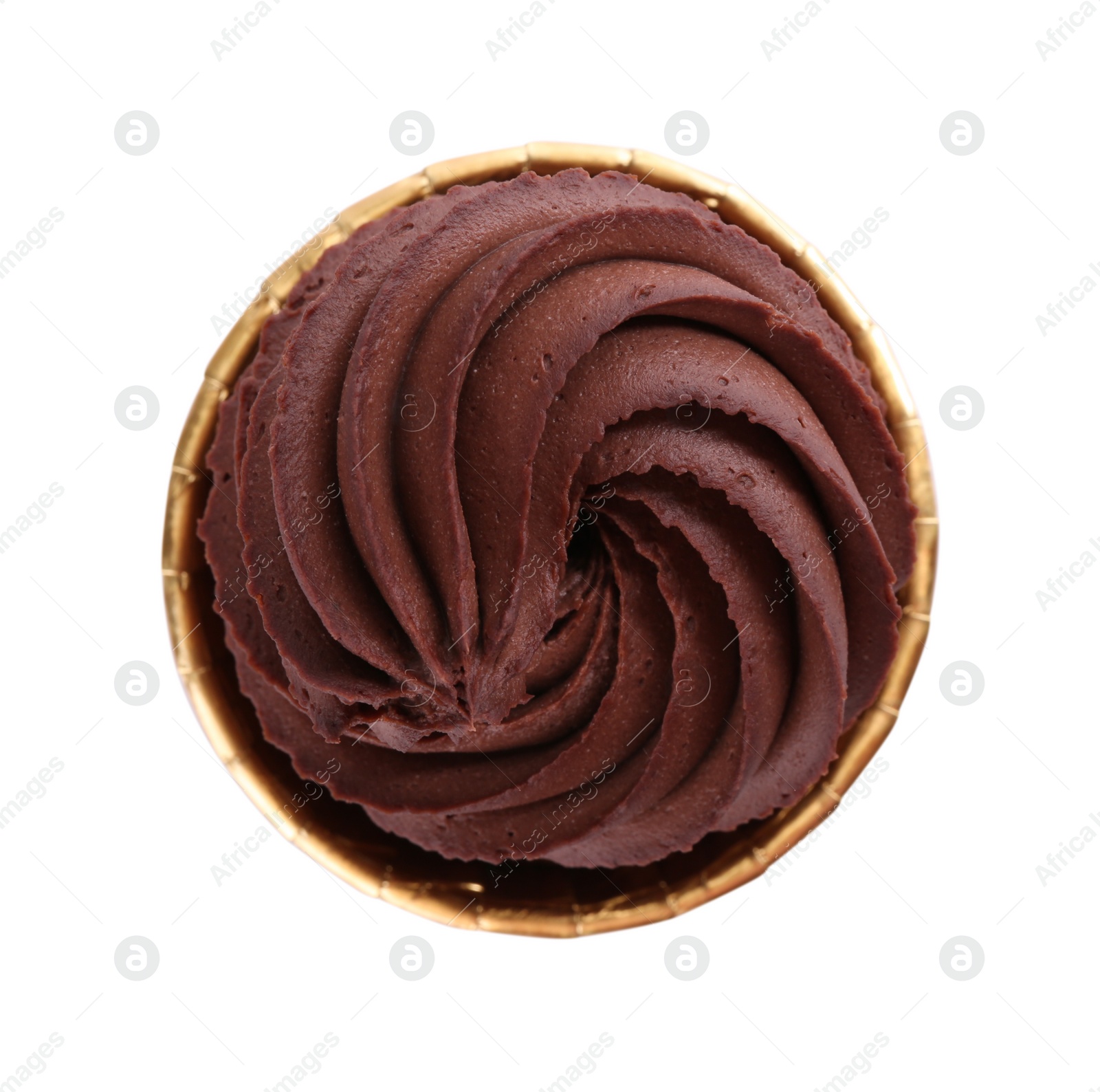 Photo of One delicious chocolate cupcake isolated on white, top view