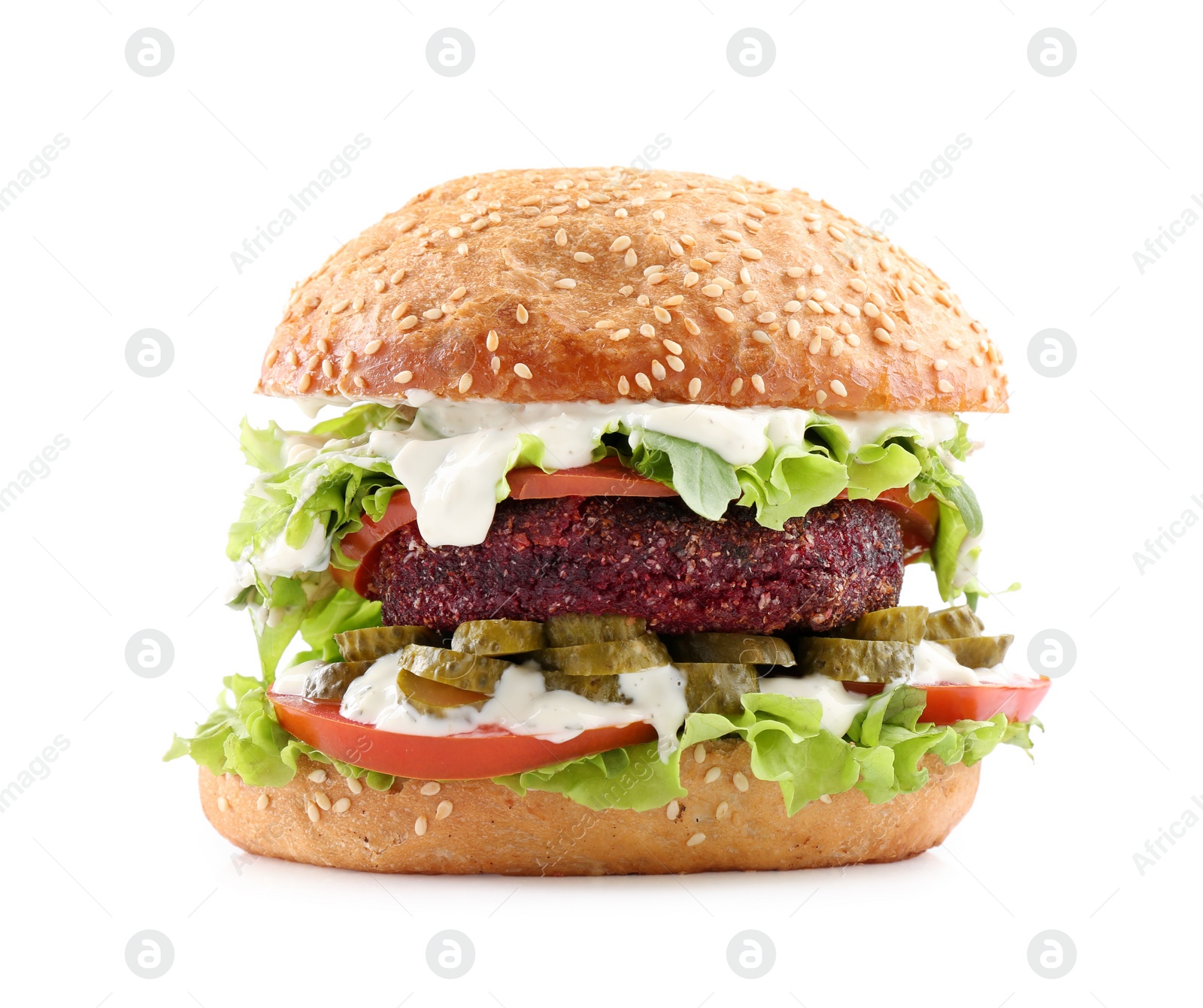 Photo of Vegetarian burger with delicious patty isolated on white