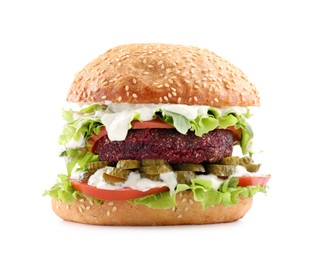 Photo of Vegetarian burger with delicious patty isolated on white