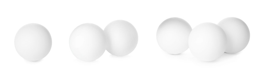 Image of Set with ping pong balls on white background. Banner design 