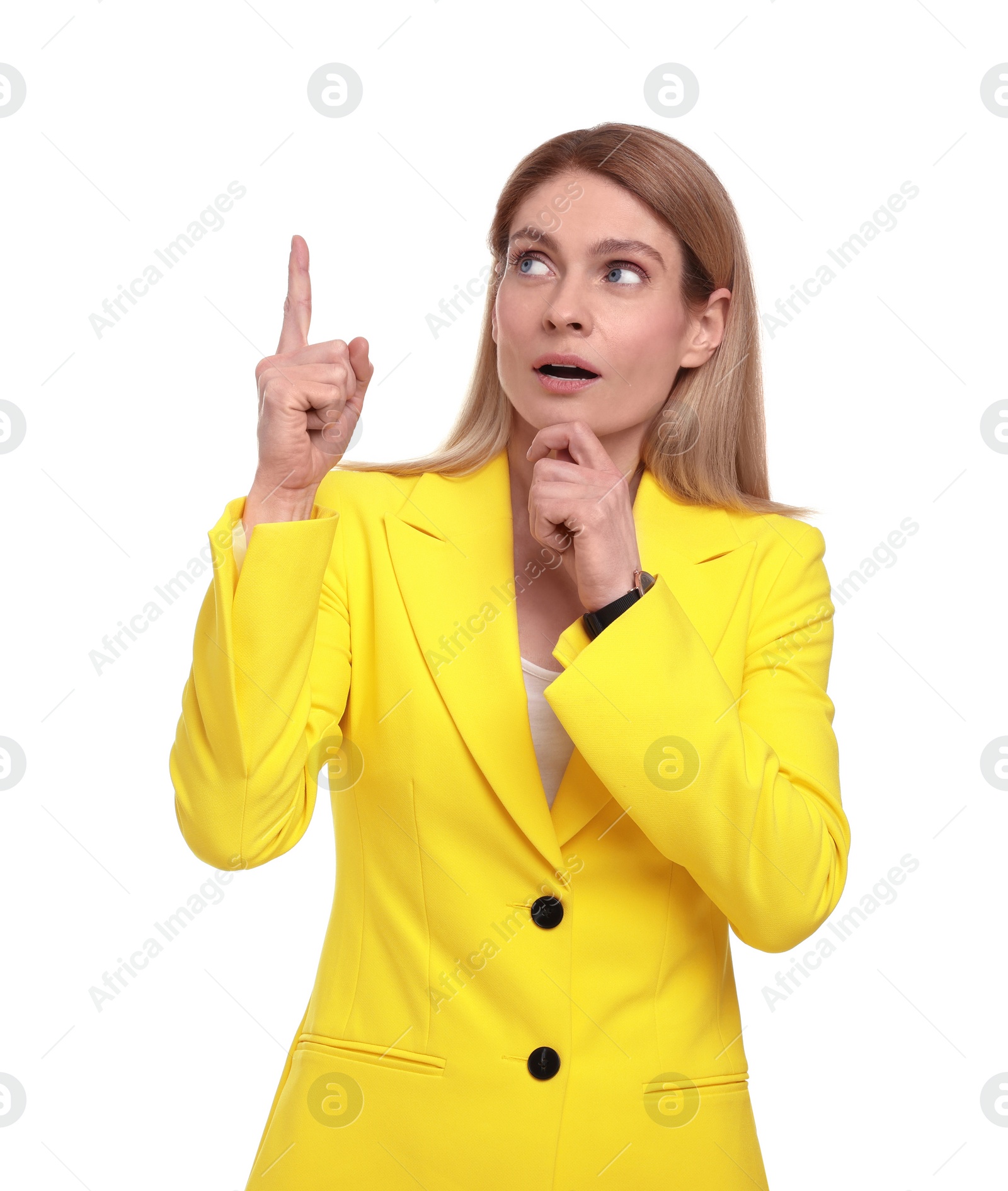 Photo of Beautiful business woman pointing at something on white background