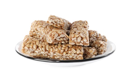 Photo of Delicious sweet kozinaki bars on white background