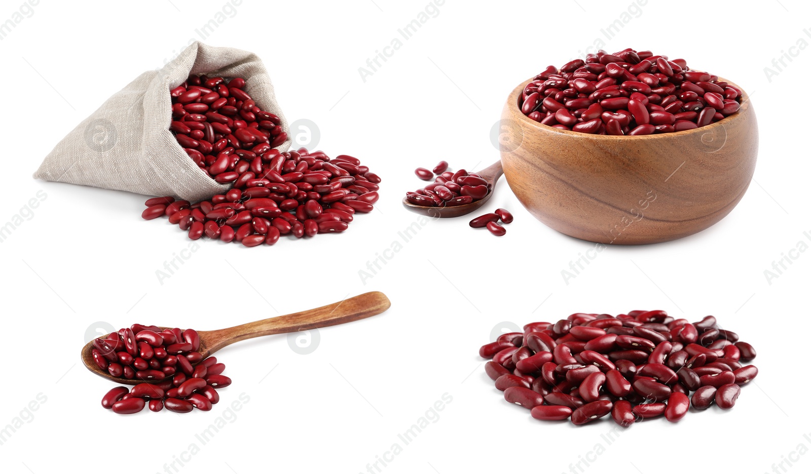 Image of Set with raw red kidney beans on white background 
