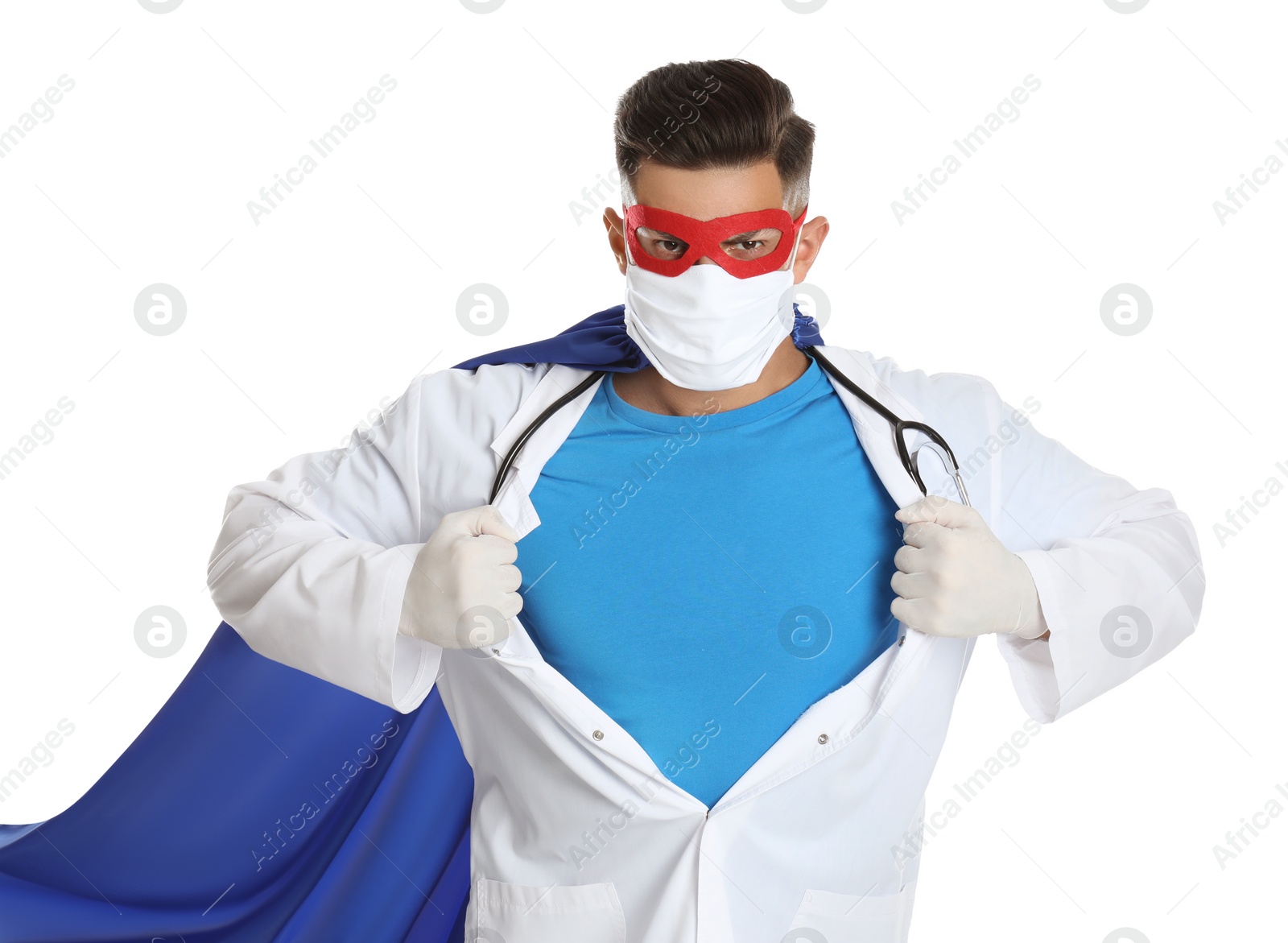 Photo of Doctor wearing face mask and cape on white background. Super hero power for medicine