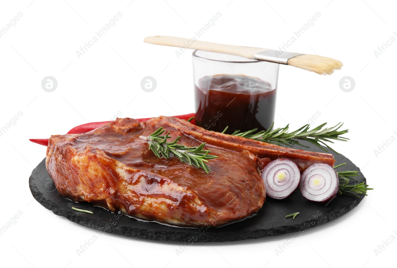 Photo of Tasty meat, rosemary, marinade and onion isolated on white