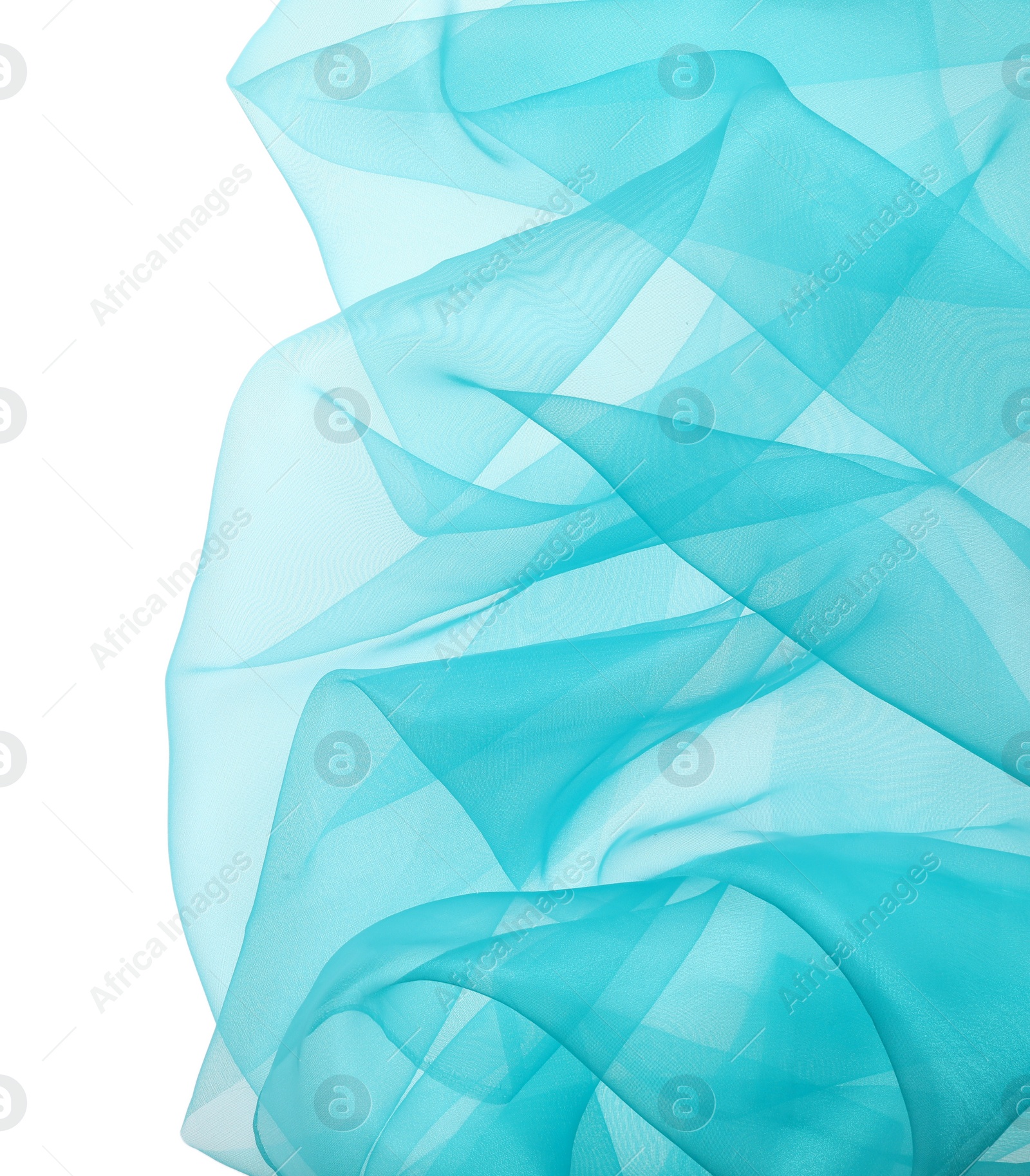 Photo of Beautiful turquoise tulle fabric on white background, top view. Space for text