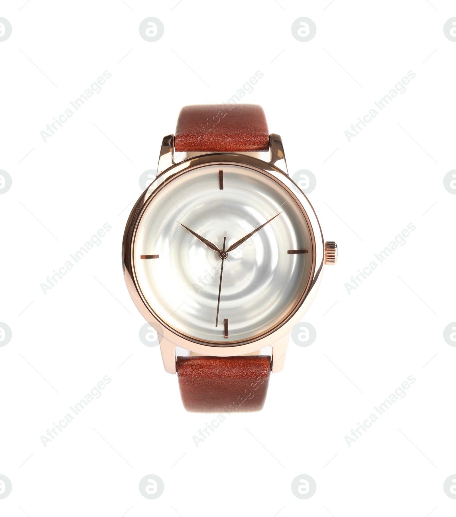 Photo of Golden luxury watch with brown leather band isolated on white