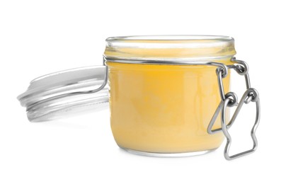 Glass jar of Ghee butter isolated on white