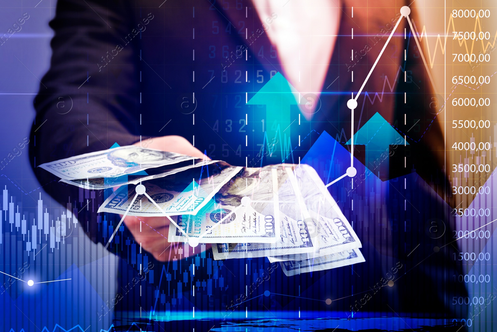 Image of Money exchange. Double exposure with graphs and photo of man holding dollar banknotes