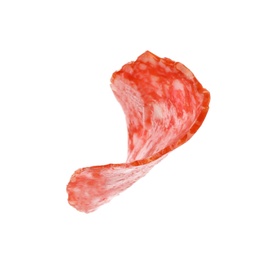 Slice of tasty salami on white background