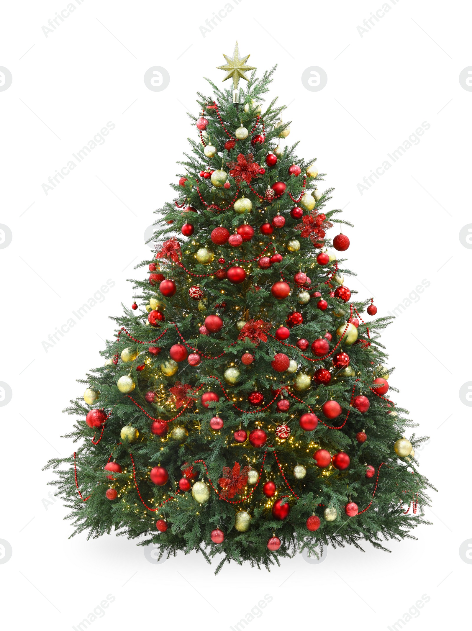 Photo of Beautiful Christmas tree decorated with ornaments and garland isolated on white