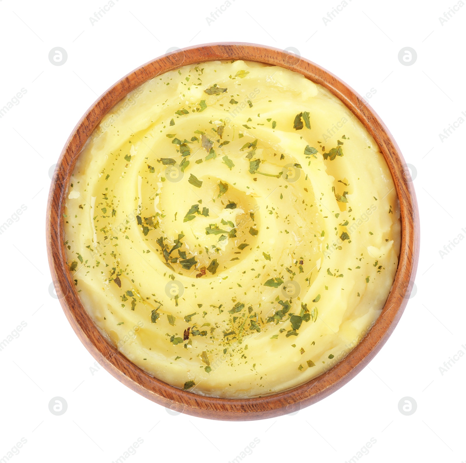 Photo of Bowl of tasty mashed potato with greens isolated on white, top view