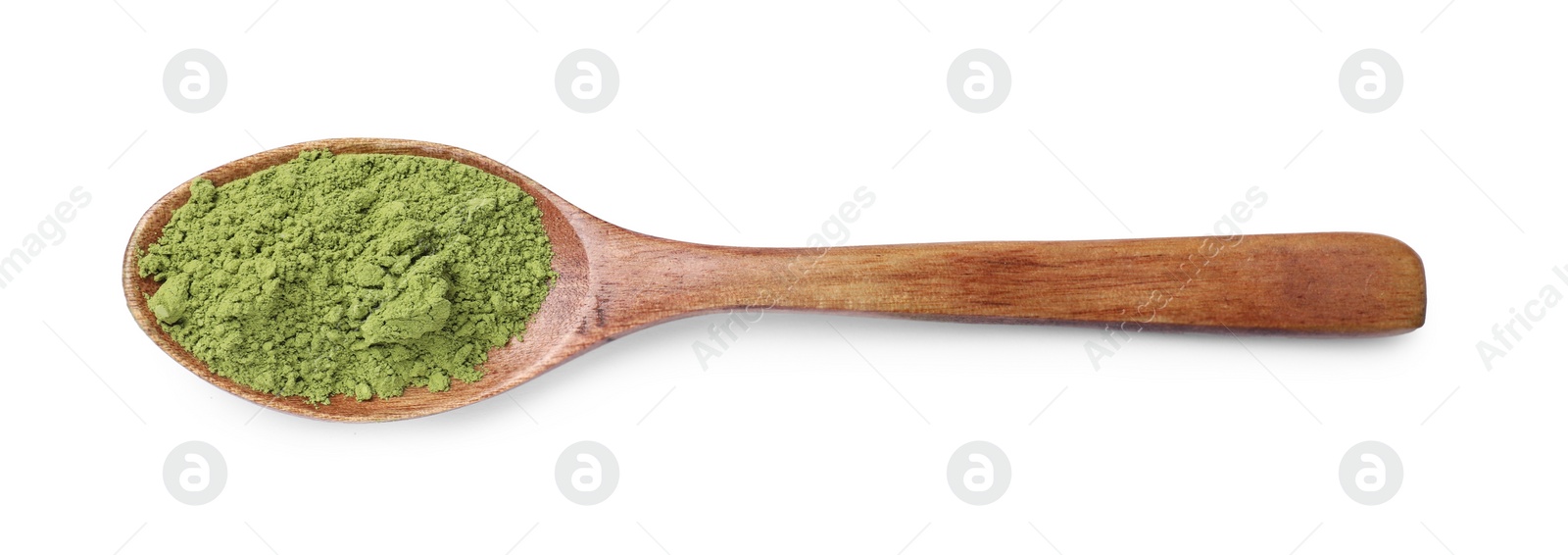 Photo of Spoon of green matcha powder isolated on white, top view