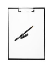 Clipboard with sheet of paper and pen isolated on white, top view