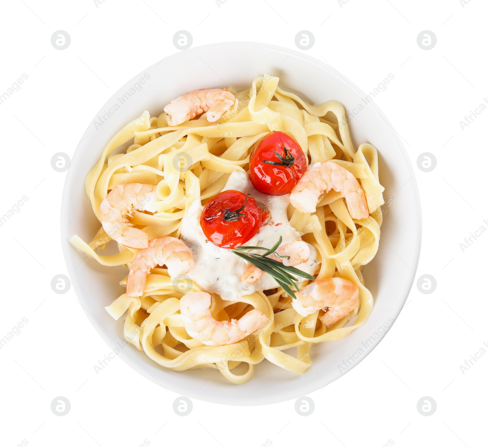 Photo of Delicious pasta with shrimps isolated on white, top view