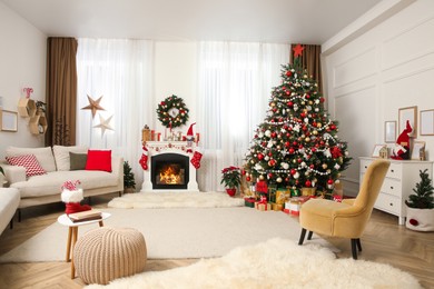 Festive living room interior with Christmas tree near fireplace