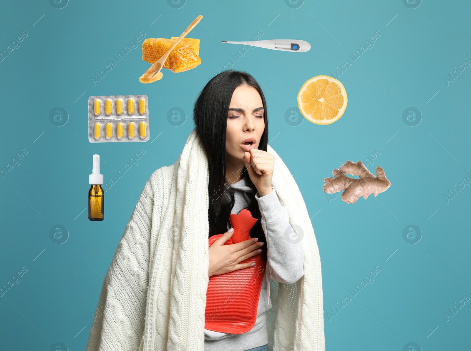 Image of SIck woman with hot water bottle surrounded by different drugs and products for illness treatment on light blue background