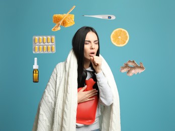 SIck woman with hot water bottle surrounded by different drugs and products for illness treatment on light blue background