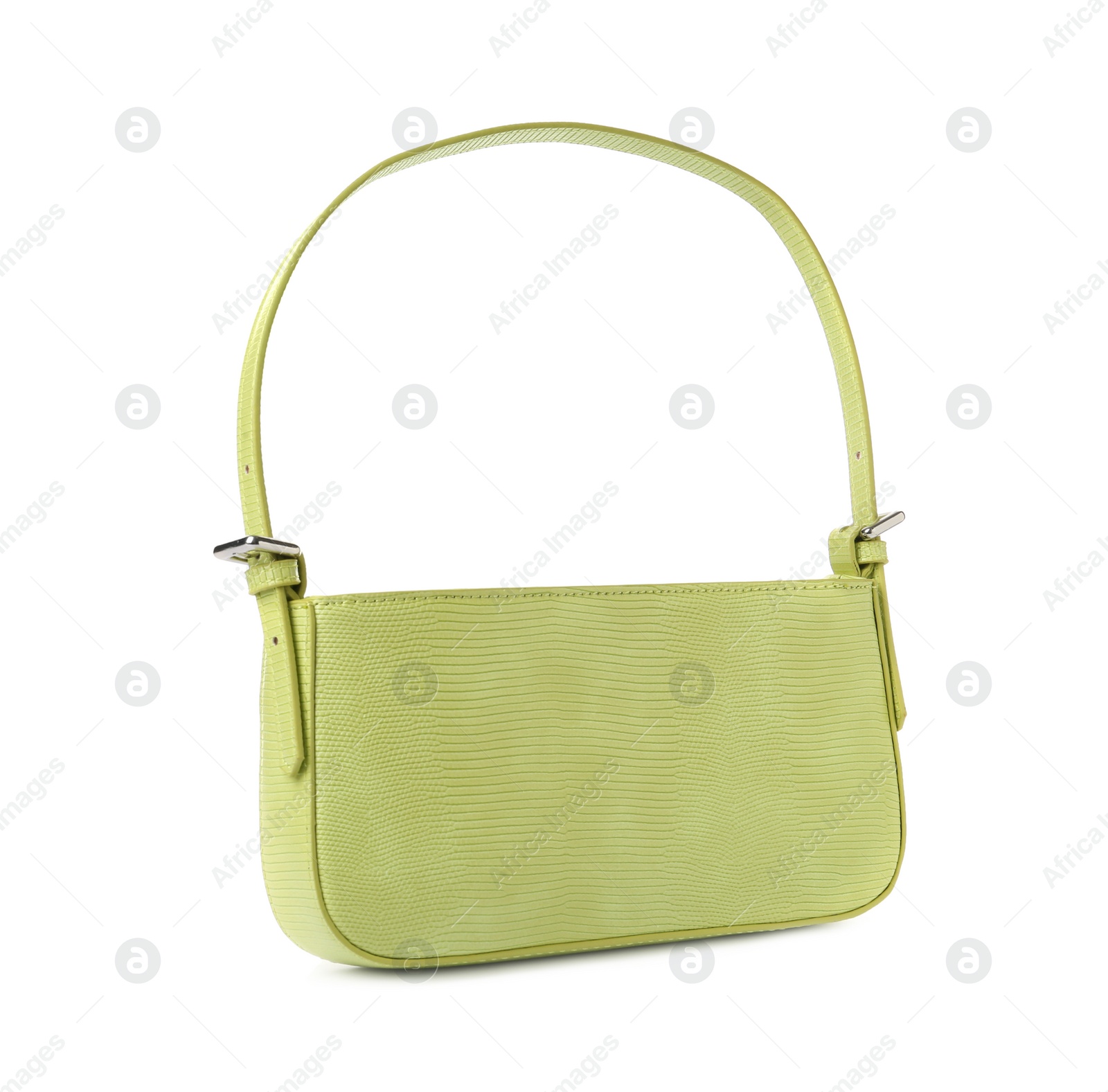 Photo of Stylish light green baguette bag isolated on white