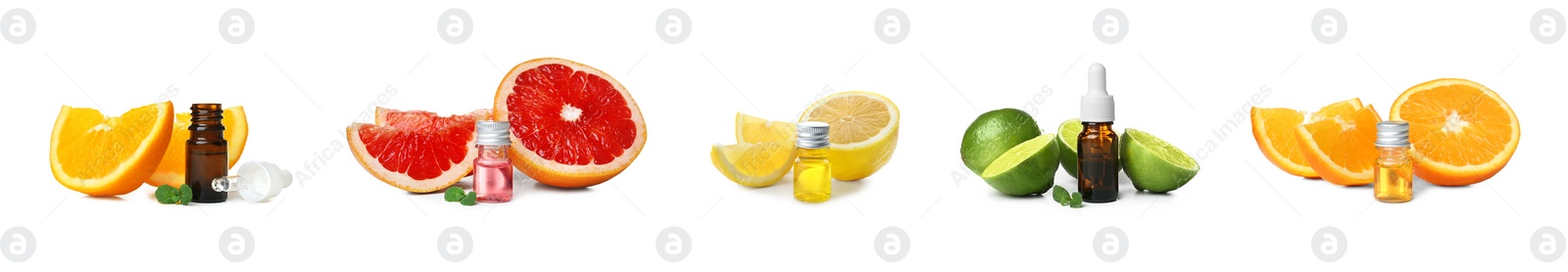 Image of Set with bottles of essential oils and fresh citruses on white background. Banner design