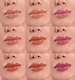 Image of Young woman with different color lipsticks, collage