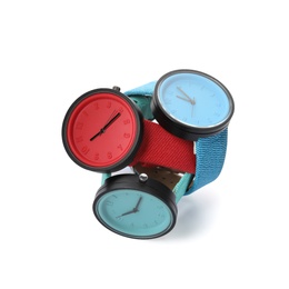 Photo of Stylish colorful wrist watches on white background. Fashion accessory