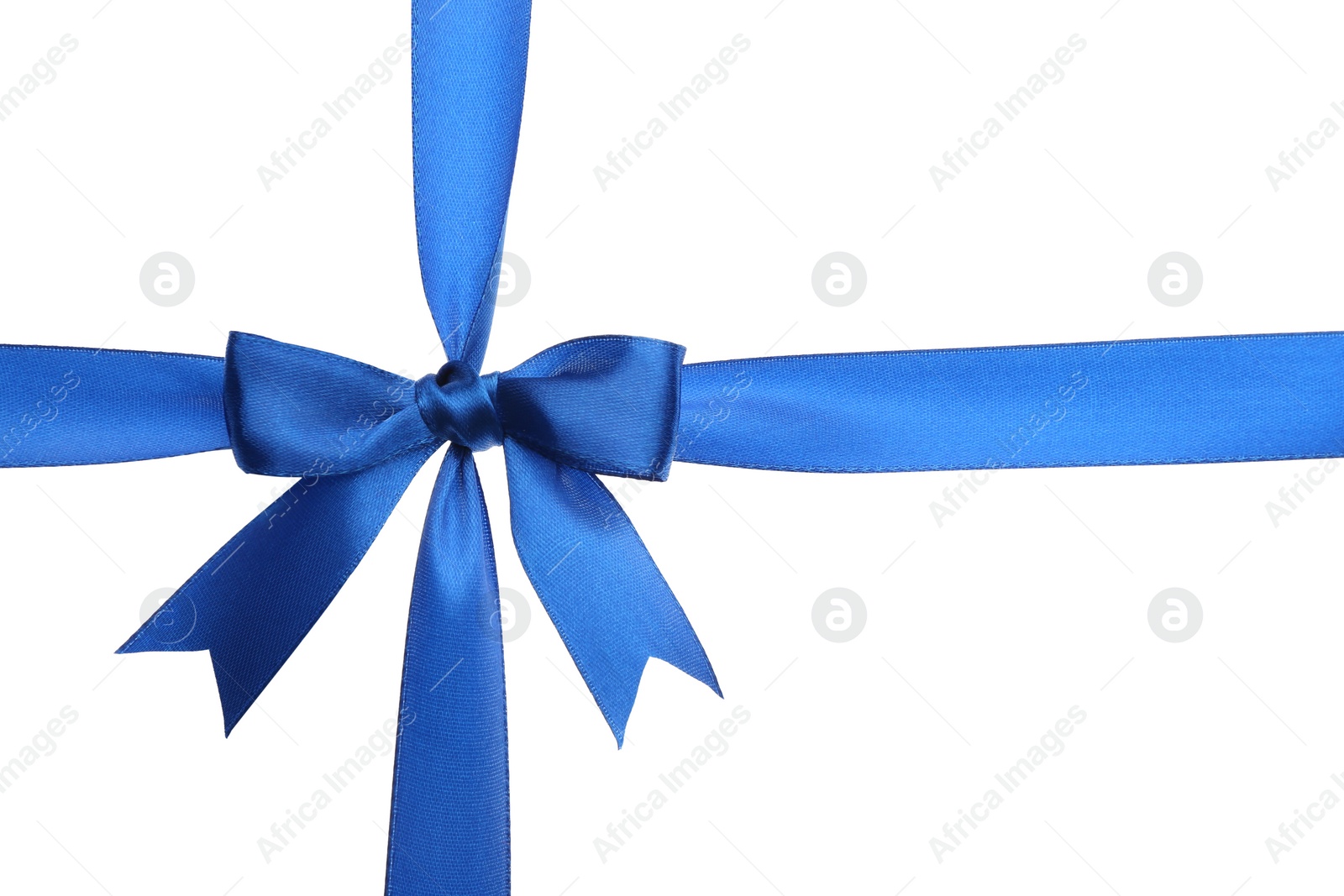 Photo of Blue ribbon with bow on white background. Decoration for gift box