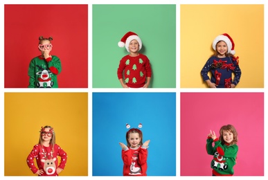 Collage with photos of cute children in different Christmas sweaters on color backgrounds